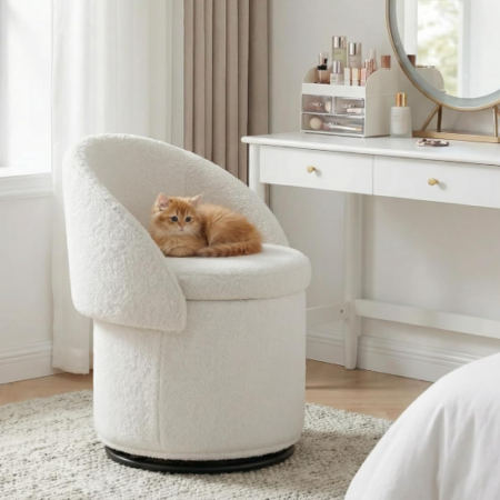 Round Swivel Vanity Stool With Storage And Foldable Backrest